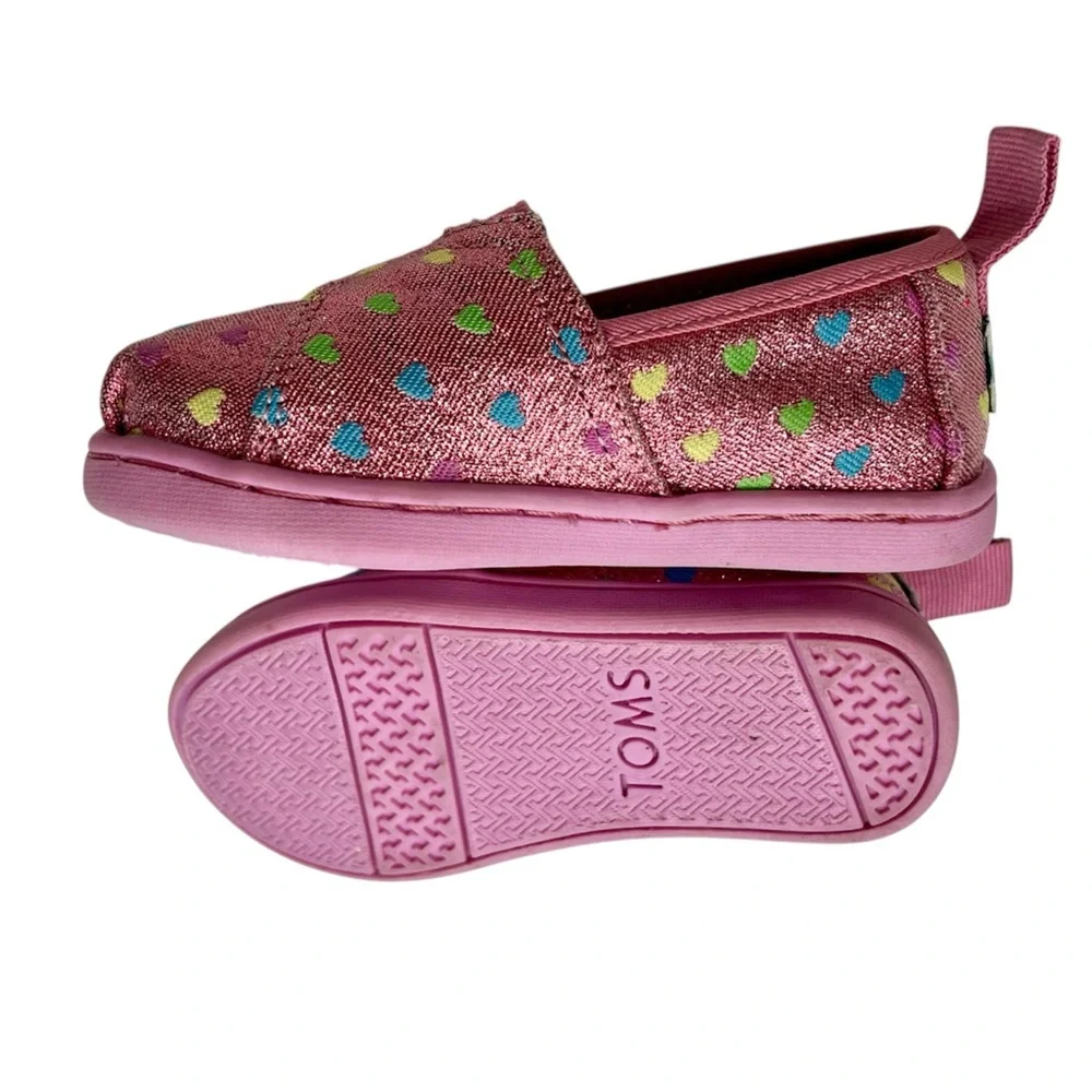 TOMS Kids Pink Slip-On Shoes with Colorful Hearts 5T
